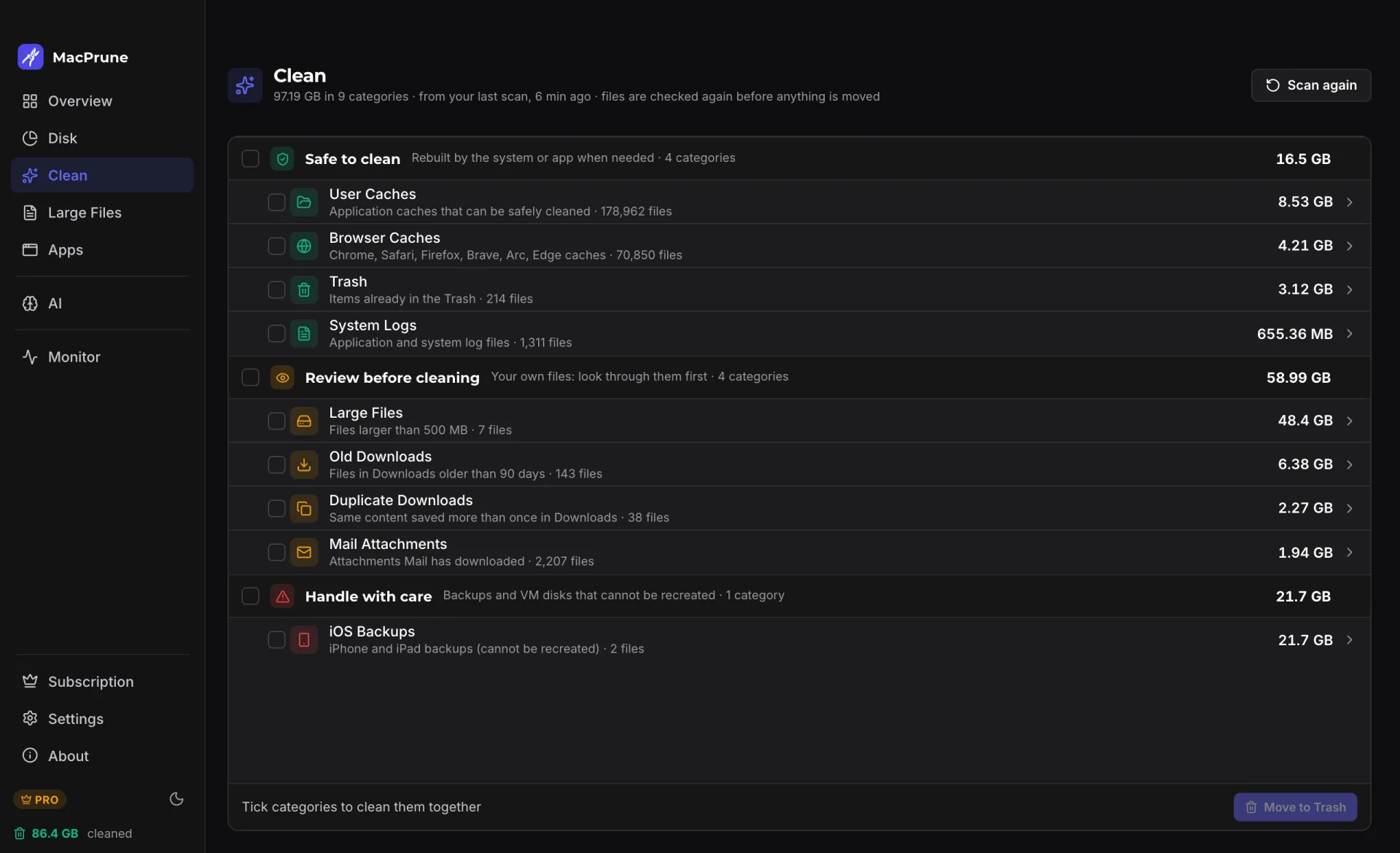 MacPrune Clean page in the sidebar layout, with categories grouped as safe to clean, review before cleaning and handle with care (dark theme)