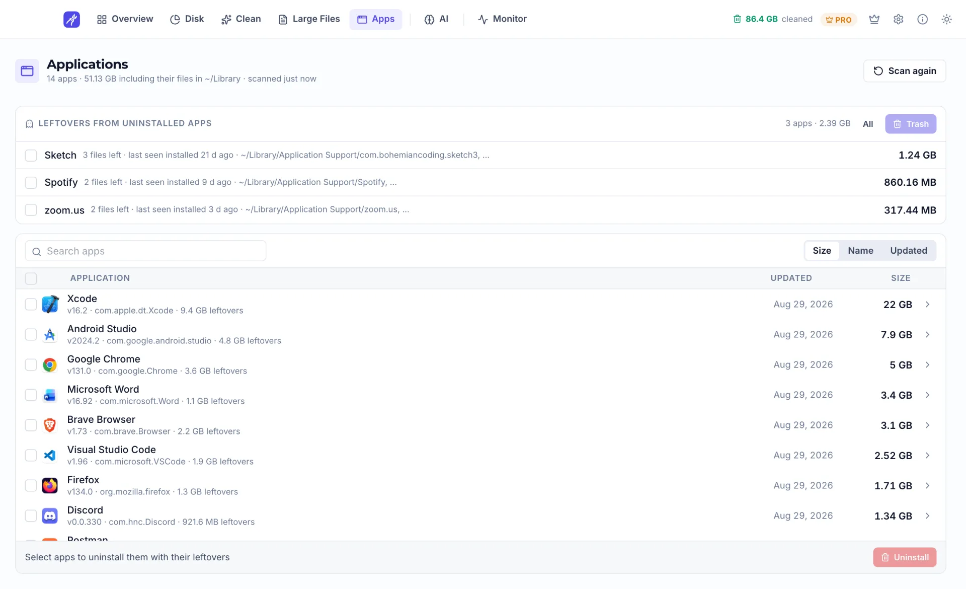 MacPrune Applications page listing installed apps with their related files (light theme)