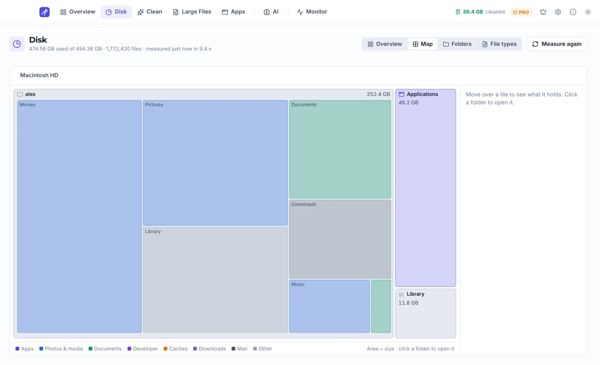 MacPrune Disk page in map view, with folders drawn as tiles sized by the space they use (light theme)